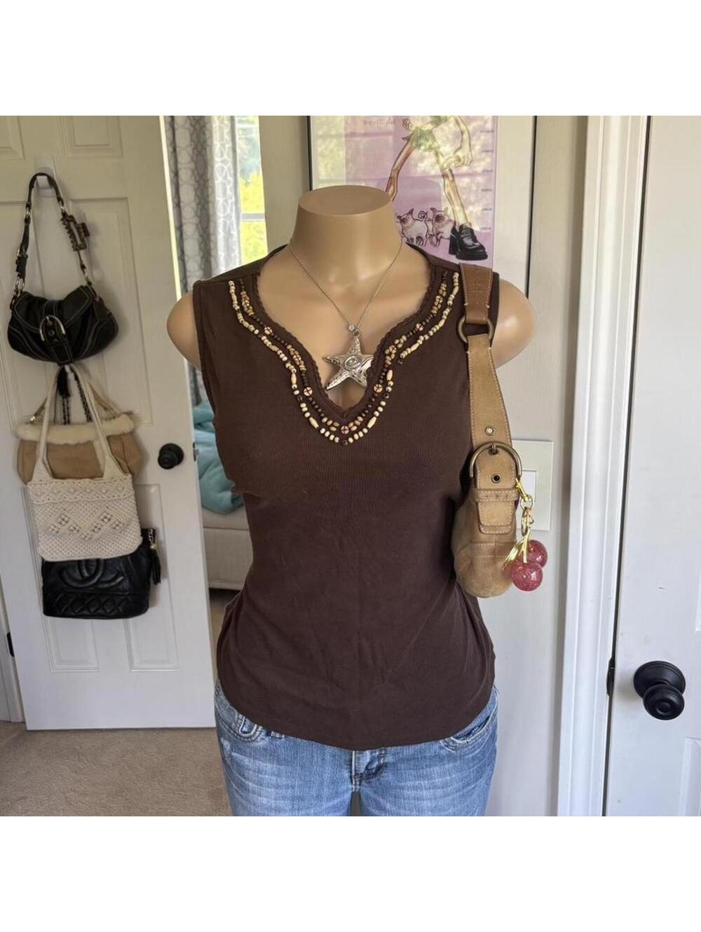y2k 2000s brown beaded tank top boho sleeveless